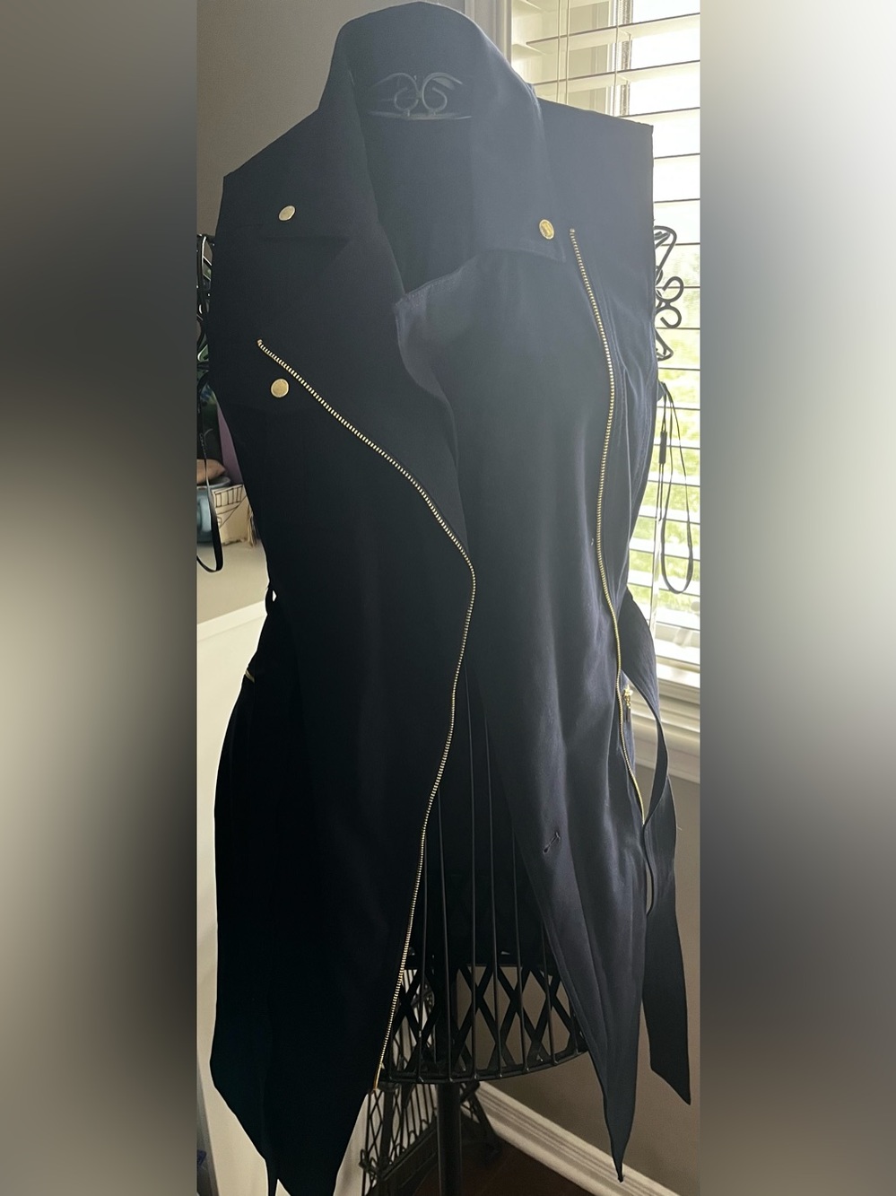 NEW Calvin Klein Navy Sleeveless Zip-Front Belted Midi Dress with Gold Hardware